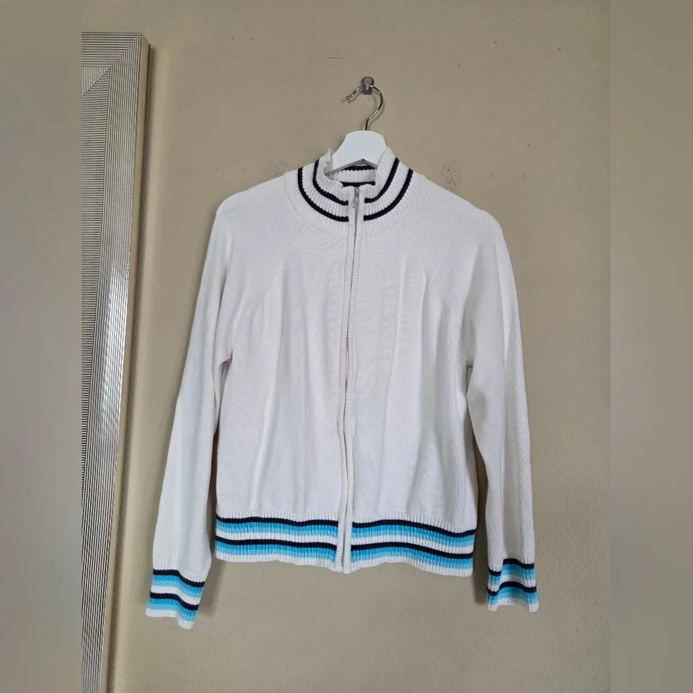 Izod Cotton Knit Zip Up Cardigan Sweater Sporty Stripe Preppy Nautical